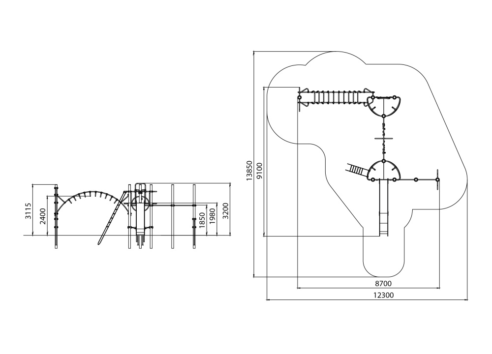 УК 7.307.01 Две башни с горкой, рукоходом и стенкой альпениста нерж