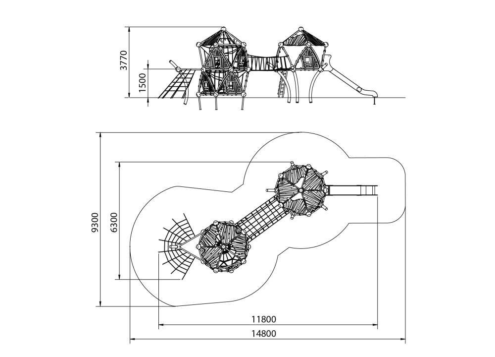 УК 7.423.11 Два пятиугольных домика с горкой и мостом