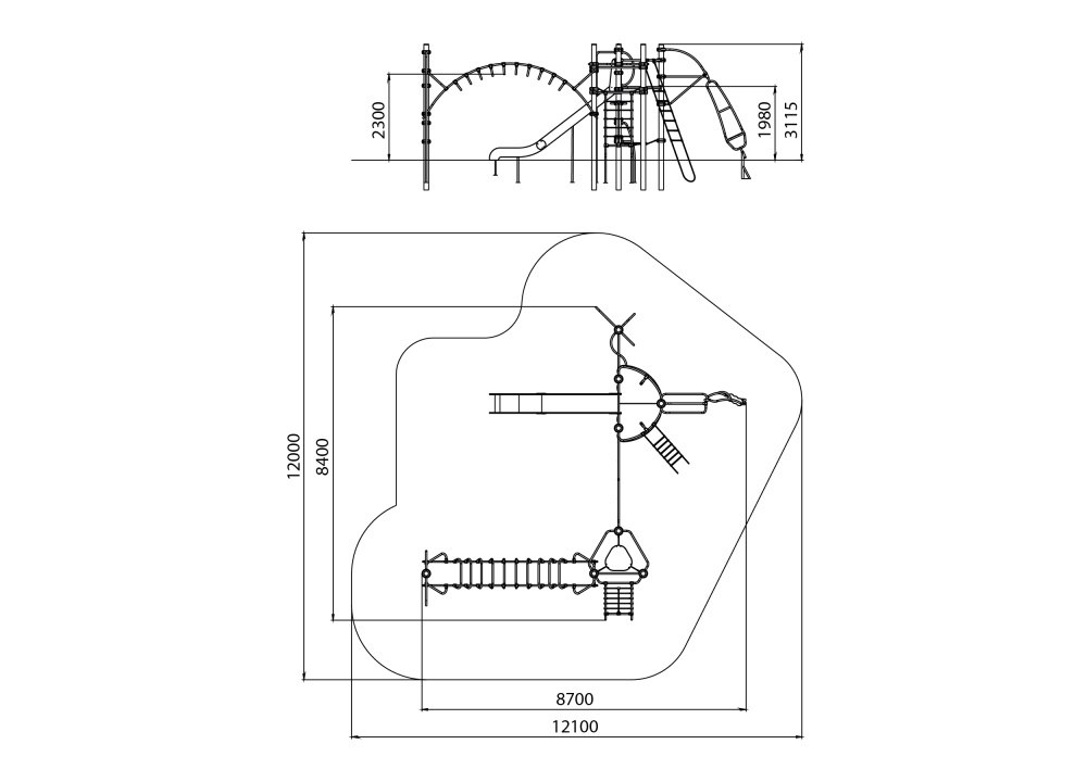 УК 7.305.11 Две башни с горкой, рукоходом и сеткой цинк
