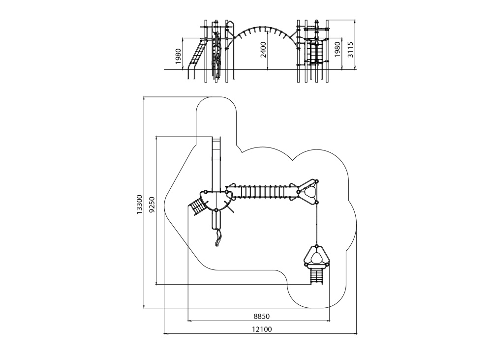 УК 7.306.01 Три башни с горкой, рукоходом и сеткой нерж